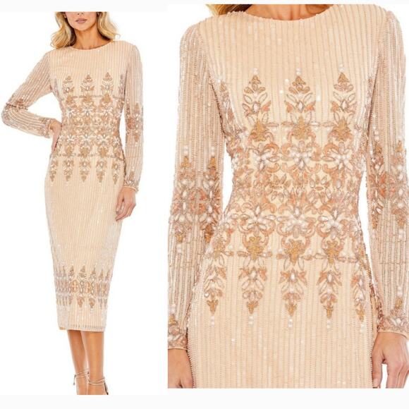Mac Duggal 5576 Peach 18 Sequin Beaded Long Sleeve High Neck Midi Evening Dress - Picture 1 of 13